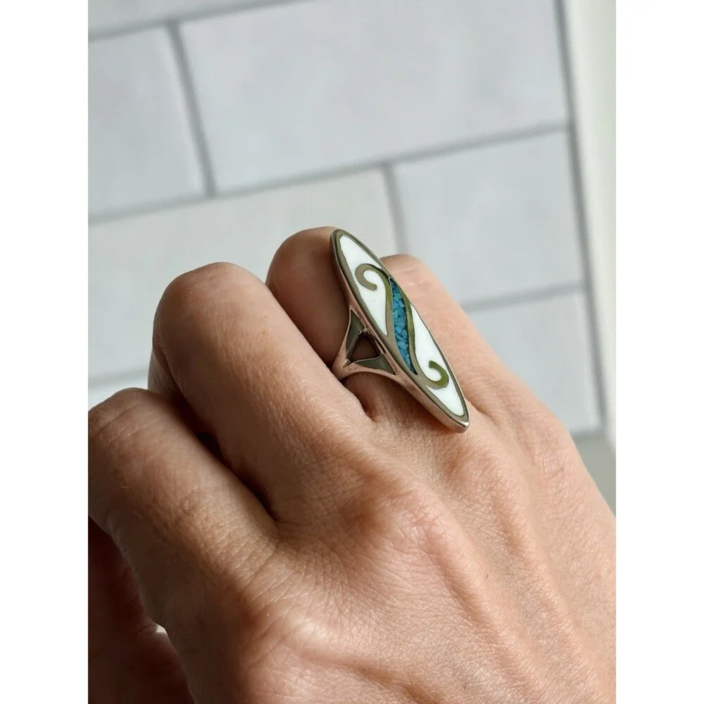 Vintage Russian Silver 84 Blue Turquoise And White  Enamel Ring Size 5 - Picture 5 of 5